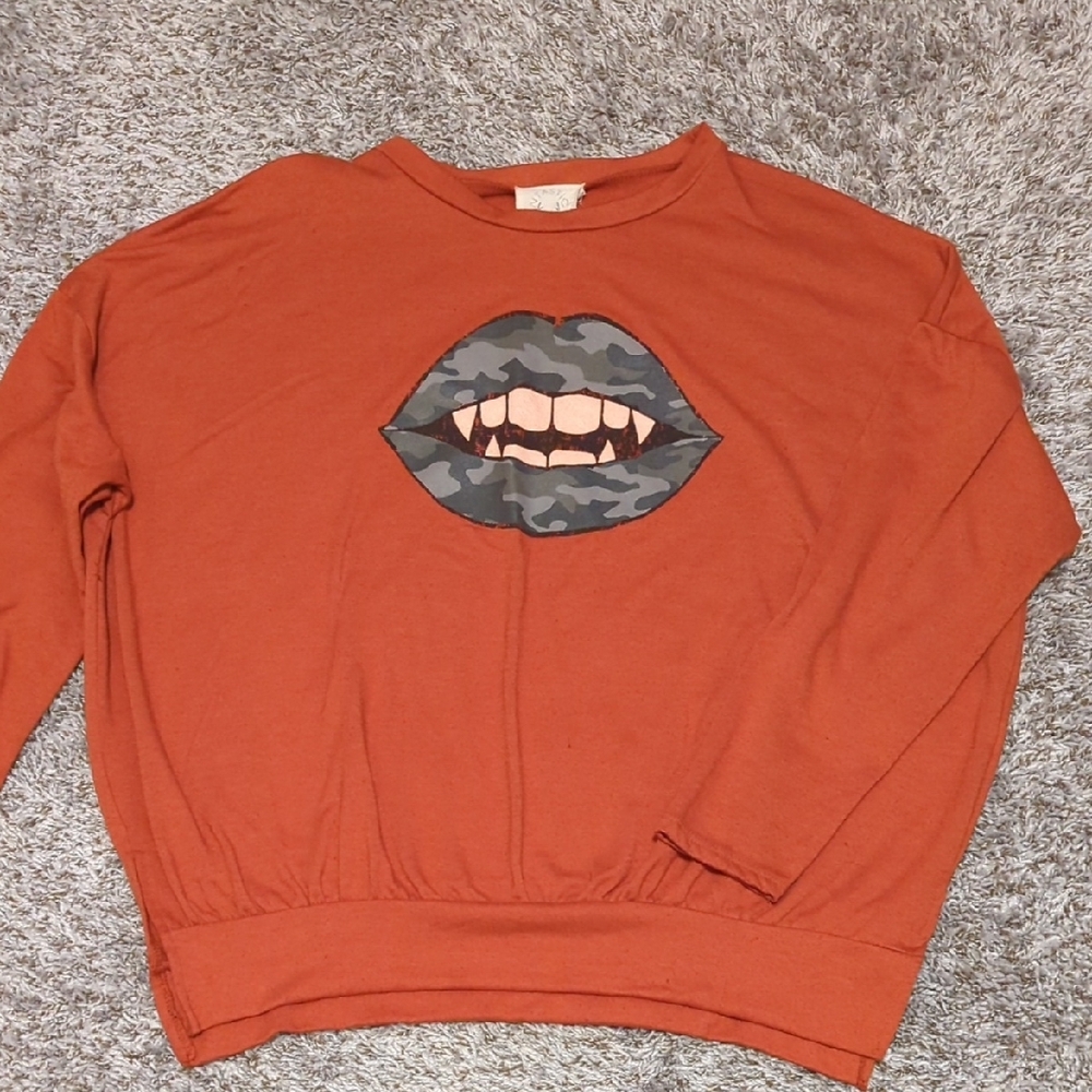 Orange Sweatshirt with Camouflage Lips Design
